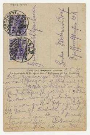 Postkarte von Kurt Schwitters an Raoul Hausmann mit Abbildung "Kurt Schwitters Franz Müllers Drahtfrühling (Merzbild.)". Löschwitz