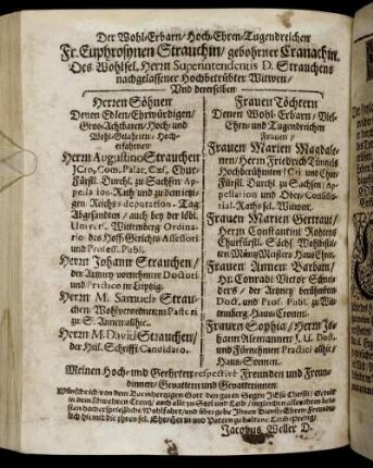 Der Wohl-Erbarn [...] Fr. Euphrosynen Strauchin/ gebohrner Cranachin [...] Herrn Superintendentis D. Strauchens [...] Witwen [...]