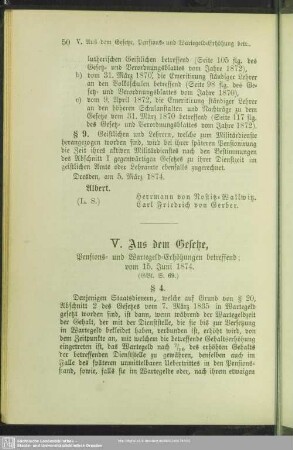 V. Aus dem Gesetze, Pensions- und Wartegeld-Erhöhungen betreffend; vom 15. Juni 1874