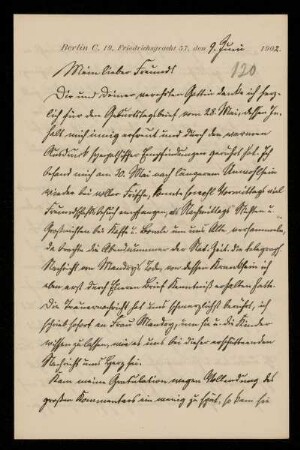 120: Brief von Reinhold Johow an Gottlieb Planck, Berlin, 9.6.1902