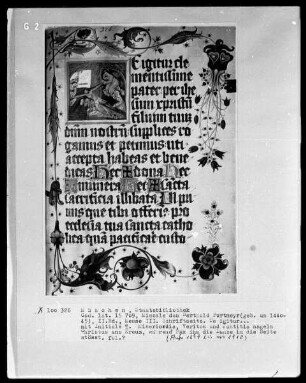 Fünfbändiges Missale von Berthold Furtmeyr — Zweiter Band — Initiale T (e igitur), darin wird Christus von vier Tugenden gekreuzigt, Folio 72recto