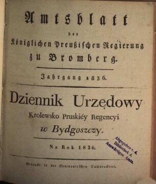 Amtsblatt der Königlichen Preußischen Regierung zu Bromberg. 1836