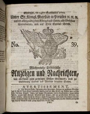 No. 39. Montags, den 24ten September 1770.