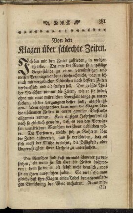 Von den Klagen über schlechte Zeiten.