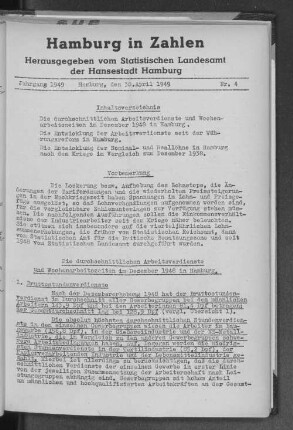 Die durchschnittlichen Arbeitsverdienste und Wochenarbeitszeiten im Dezember 1948 in Hamburg. Die Entwicklung der Arbeitsverdienste seit der Währungsreform in Hamburg. Die Entwicklung der Nominal- und Reallöhne in Hamburg nach dem Kriege im Vergleich zum Dezember 1938.