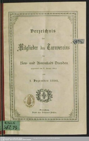 1898: Verzeichnis der Mitglieder des Turnvereins für Neu- und Antonstadt-Dresden : nach dem Stande vom ...