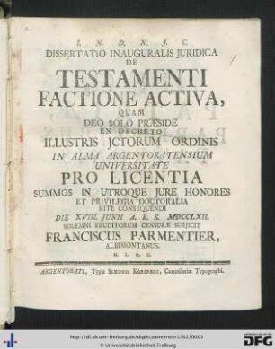 Dissertatio Inauguralis Juridica De Testamenti Factione Activa