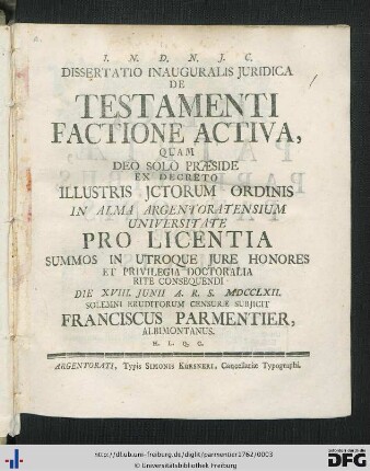 Dissertatio Inauguralis Juridica De Testamenti Factione Activa