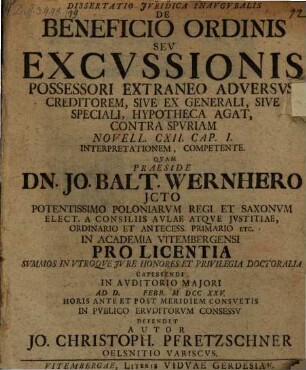 Diss. iur. inaug. de beneficio ordinis seu excussionis possessori extraneo adversus creditorem ... competente