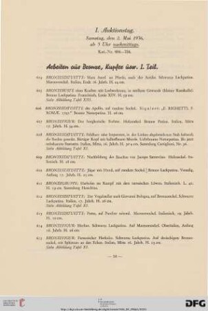 I. Auktionstag: Samstag, den 2. Mai 1936, ab 3 Uhr nachmittags (Nr. 604-734)