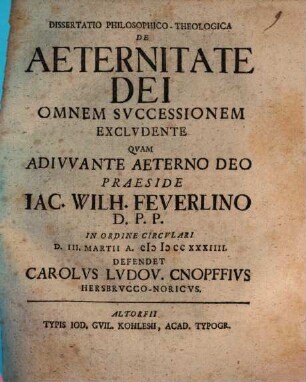 Dissertatio Philosophico-Theologica De Aeternitate Dei Omnem Successionem Excludente