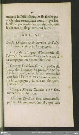 Art. VII. De la Division & du Service de l'Armee pendant la Campagne