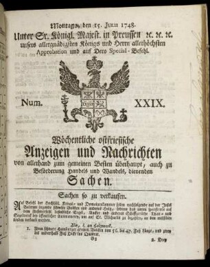 Num. XXIX. Montags, den 15. Julii 1748.