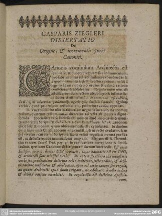 Dissertatio De Origine, & incrementis Iuris Canonici