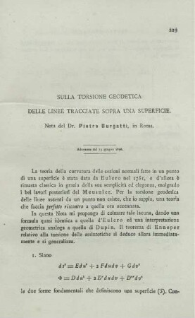 Sulla torisone geodetica delle linee tracciate sopra una superficie.
