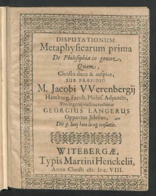 Disputationum Metaphysicarum prima De Philosophia in genere