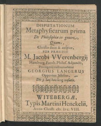 Disputationum Metaphysicarum prima De Philosophia in genere