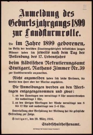 "Anmeldung des Geburtsjahrgangs 1899 zur Landsturmrolle"
