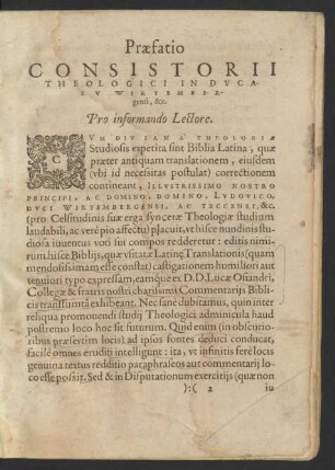 Praefatio Consistorii Theologici In Dvcatv Wirtembergensi, [et]c.