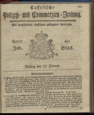 6tes Stueck, Montag den 3ten Februar 1800