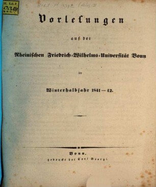 Vorlesungsverzeichnis für das .... 1841/42. WH