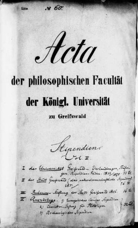 Stipendien der Königlichen Universität Greifswald,Stipendien der Stadt Greifswald, Rubenow- Stiftung und Auswärtige Stipendien