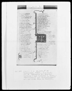 Roman de la Rose & Rosenroman — Initiale D, darin Höflichkeit und Freigiebigkeit mit der alten Frau im Gespräch, Folio 95recto