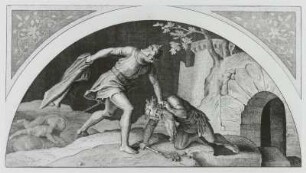 Wie Siegfried dem Zwerg Alberich die Tarnkappe abgewann : Wie Siegfried dem Zwerg Alberich die Tarnkappe abgewann. Radierung mit Kupferstich; 28,2 x 40,3 cm. 1858