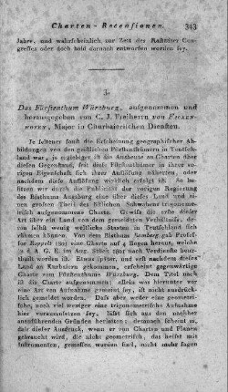 Das Fürstenthum Würzburg / aufgenommen und herausgegeben von C. J. Freyherrn von Fackenhofen, Major in Churbayerischen Diensten. - [Ca. 1:160.000]. - [S.l.], [1804]. - 1 Kt. auf 4 Bl. : Kupferst. ; Gesamtgr. 102 x 102 cm, je Bl. 51 x 51 cm. - Maßstab in graph. Form (Stunden). - Nullmeridian: Ferro. - Inselkt. - Mit Verz. der Flüsse. - Mit Bergstrichen. - Titelkartusche unten rechts. - Windrose und Maßstab unten links. - Wappen und Farbenerklärung oben links. - Erklärungskartusche oben rechts