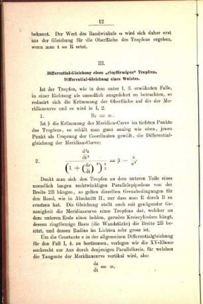 III. Differential-Gleichung eines "ringförmigen" Tropfens. Differential-Gleichung eines Wulstes.