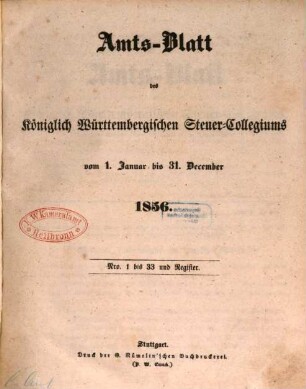 Amtsblatt des Württembergischen Steuerkollegiums. 1856
