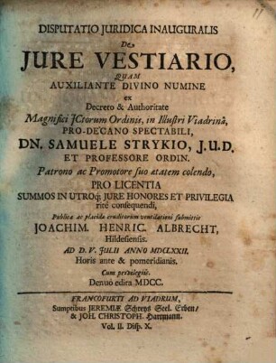 Disputatio Iuridica Inauguralis De Iure Vestiario