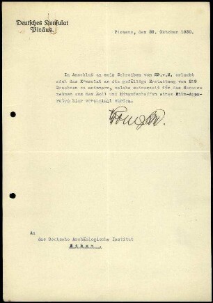 Deutsches Konsulat Piräus an DAI Athen