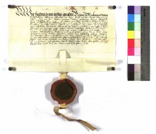 Pfingstabend; Bischof Friedrich für Hans Wolf von Schrozberg verleiht Kälberbach; Siegel.