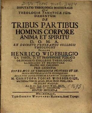 Disputatio Theologica Inauguralis Qua Theologiae Fanaticae Fundamentum De Tribus Partibus Hominis Corpore Anima Et Spiritu