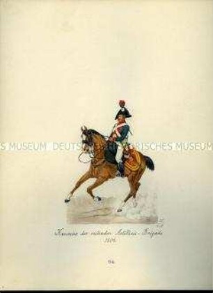 Uniformdarstellung, Kanonier der Reitenden Artillerie-Brigade zu Pferd, 1806. Aus: Sammelmappe "Sachsens Militär", Königliche Arsenalsammlung.