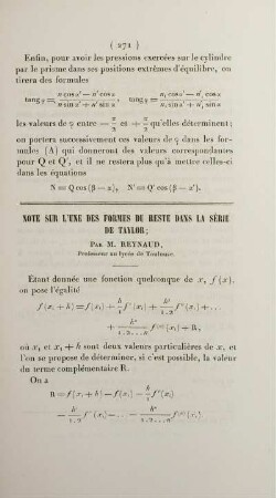 Note sur l'une des formes du reste dans la série de Taylor.