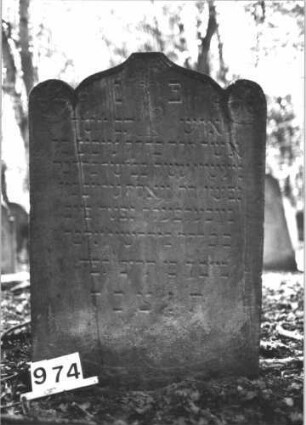 Grabstein 974 (Index: 99899515) Material: Sandstein Zustand: leicht angewittert Maße HxBxT: 110x73x9 cm Beschreibung: Stele mit Schulterbogenabschluss, Ecken kreisförmig erhöht mit Blüten, von der Spitze herabhängende Blüte, darunter Levitenkanne Symbolik: Levitenkanne: Grabstein 974