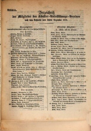 Bericht über den Bestand und das Wirken des Vereins zur Unterstützung Unverschuldet in Noth Gekommener Künstler und deren Relikten im Jahre .... 1870