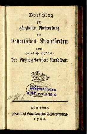 Vorschlag zur gänzlichen Ausrottung der venerischen Krankheiten