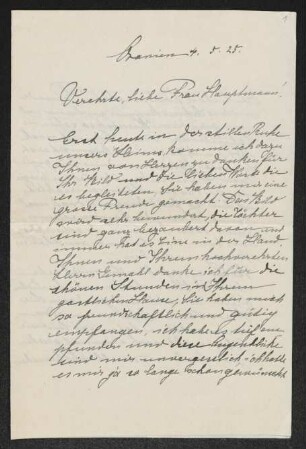 Brief von Mathilde von Unruh an Margarete Hauptmann