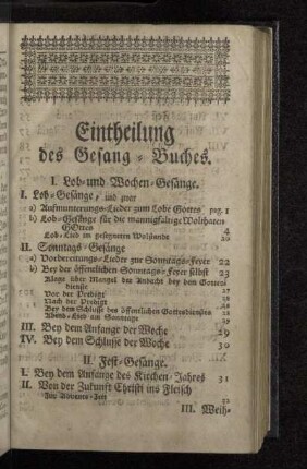 Eintheilung des Gesang - Buches.