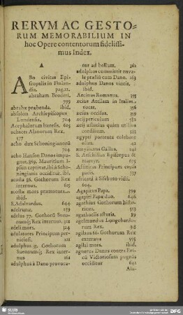 Rerum Ac Gestorum Memorabilium In hoc Opere contetorum fidelissimus Index