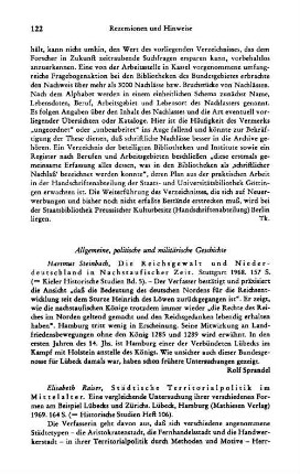 Raiser, Elisabeth :: Städtische Territorialpolitik im Mittelalter, eine vergleichende Untersuchung ihrer verschiedenen Formen am Beispiel Lübecks und Zürichs, (Historische Studien, 106) : Lübeck u.a., Mathiesen, 1969
