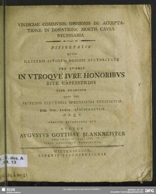 Vindiciae Communis Opinionis De Acceptatione In Donatione Mortis Causa Necessaria Dissertatio