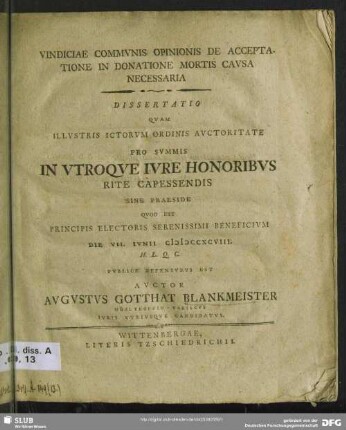 Vindiciae Communis Opinionis De Acceptatione In Donatione Mortis Causa Necessaria Dissertatio