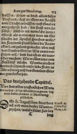 Das dreizehende Capittel. Von den vilen treffentlichen Wunderzeychen/ so den Menschen zu gutem/ bey unser lieben Frawen zu Altenötting/ geschehen.
