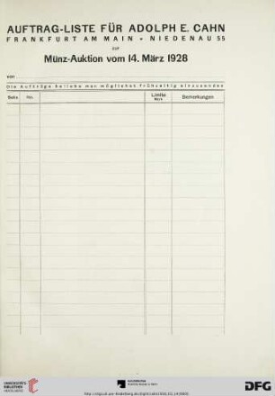 Auftrag-Liste für Adolph E. Cahn