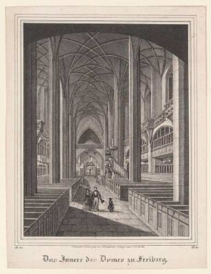 Innenansicht des Domes (Dom St. Marien) in Freiberg, mit Tulpenkanzel, aus der Zeitschrift Saxonia 3. Band