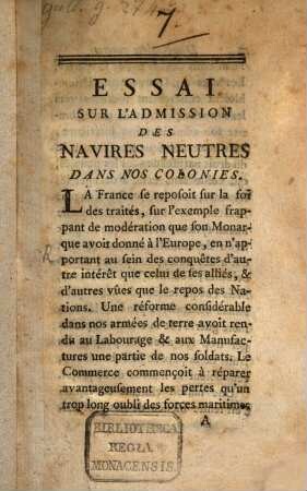 Essai sur l'admission des navires rentres dans nos colonnes